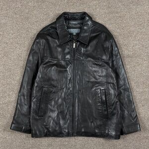 VTG Perry Ellis Black Soft Lambskin Leather Full Zip Jacket Men’s XL Quilt Lined